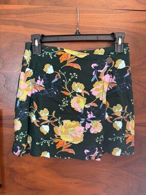 Urban Outfitters Dark Green Floral Wrap Mini Skirt with Multicolor Blooms